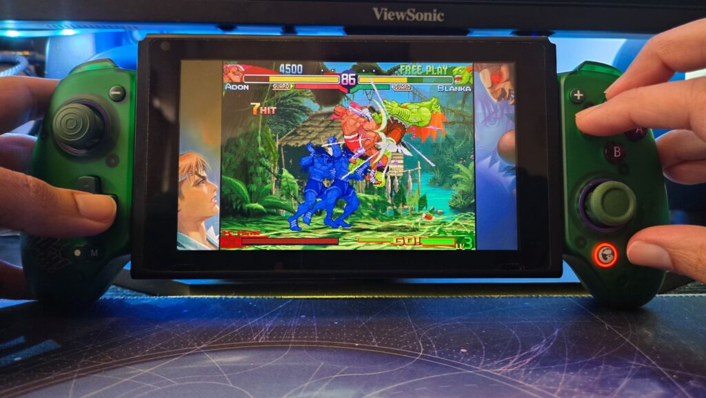 GameSir G8 Plus Controller with Nintendo Switch playing Street Fighter 30th Anniversary Collection Compilation