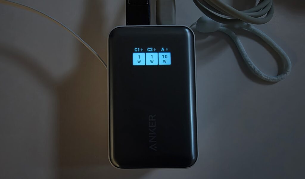 Anker Nano Power Bank (10K, 45W) - A1638 Smart Display charging three devices